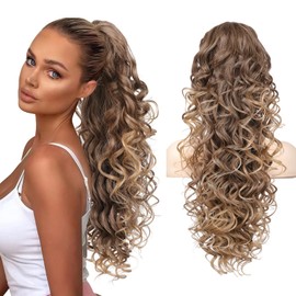 SEIKEA Ponytail Extension, 24" Fluffy Long Wavy Curly Claw Clip Hair Extensions Ponytail Multi-layered Clip in Fake Pony Tails Natural Soft Synthetic Hairpiece Brown to Blonde