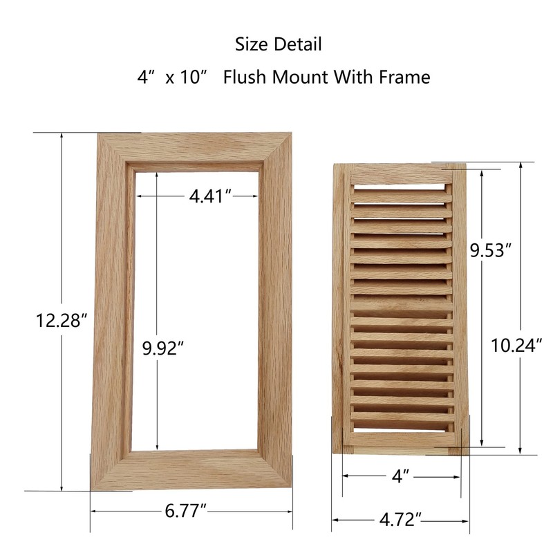 Hardwood Red Oak Floor Register, Flush Mount with Frame, 4x10
