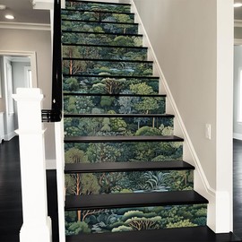 REDAMANCY Green Tree Forest River Mountain Landscape Nature Peel and Stick Vinyl Stair Riser Decals Staircase Tile Stickers Decor Modern Marble Decoration Self-Adhesive(14 Pcs)