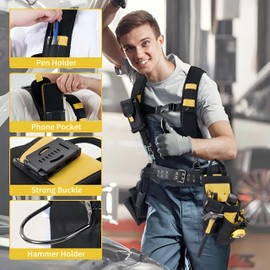 Tool Belt With Suspenders, Tool Belts for Men, 22 Pockets Tool Belt, Heavy Duty Tool Organizer for Framers Carpenter Electrician Construction Woodworker Yellow