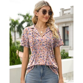 Women's Polo Shirts V Neck Summer Fashion Short Sleeve Collared Business Blouse Loose Casual Tunics Cute Tee Tops Floral M