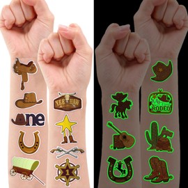96PCS First Rodeo Pre-cut Temporary Tattoos 8 Sheets Cowboy 1st Party Decorations Favors Supplies Western Theme Birthday Cute Stickers Christmas Gifts Boys Girls Class School Prizes (Luminous)