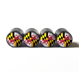 Maryland State Flag Tire Valve Caps - Black Aluminum - Set of Four
