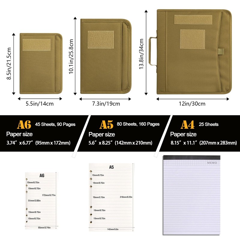 Kosibate Tactical Notebook Padfolio Ring Binders with 45 Sheets,Army Military