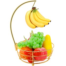 Livabber Countertop Fruit Basket Bowl with Banana Hanger, Modern Standing Fruit Vegetable Bowl Storage, with Banana Tree Holder for Kitchen Dinning Table (Round Metal, Gold)