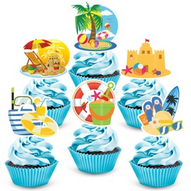 48pcs Summer Beach Happy Birthday Cupcake Toppers - Pool Swimming Surfing Cupcake Toppers Picks - Summer Hawaii Holiday Birthday Party Favor Supplies