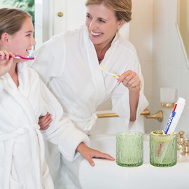 Tonxus Toothbrush Holders for Bathrooms,2pcs Glass Toothbrush Holder Set,Clear 10oz Bathroom Tumbler Cup,Reusable Mouthwash Cup,Cute Countertop Organizer for Bathroom Accessories(Green)