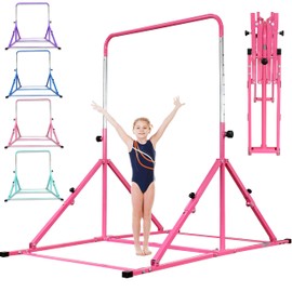 MARFULA Foldable Gymnastic Bar for Kids Ages 3-12, 9 Height Levels, 200 lbs Weight Capacity, 5 Ft Length Gymnastic Kip Bar with Mat, Gymnastic Equipment for Home and Gym Center Indoor Outdoor Use