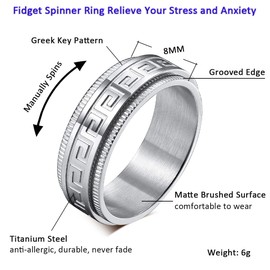 MMTTAO Men's Greek Key Spinner Anxiety Ring 8MM Titanium Anxiety Stress Relief Fidget Ring Greek Key Center Spinner Wedding Engagement Bands Matte Brushed Finish Grooved Stepped Edge, Silver, Size 13