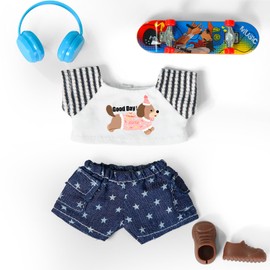 5Pcs 17cm-Doll-Clothes & Accessories Set, Hype & Cute Doll-Outfit with Stylish T-Shirt, Chic Pants, Mini Skateboard, Headphones & Shoes for 6-7 Inch Boy & Girl Dolls