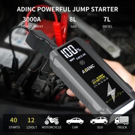 ADINC Jump Starter, Car Battery Jumper Starter 3000A, 12V Battery Pack for Up 8.0L Gas & 7.0L Diesel Engines, Portable Jump Box with LCD Display 3 Modes Flashlight Smart Jumper Cable