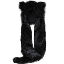 Wolf Faux Animal Hoods Headwear Furry Hat Mittens Gloves Scarf Paws Ears Wolf Accessories(Black)