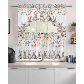 BEMIGO Easter Kitchen Curtains Cute Bunny Valance for Window, Farmhouse Swag Curtains, Spring Flowers Rod Pocket Valance for Kitchen Bedroom Window 56" x 36" Valance, 27" x 24" Tier
