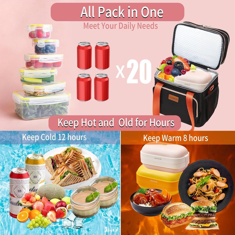 GLENKEY Expandable Insulated Lunch Box for Women Men, Double Deck