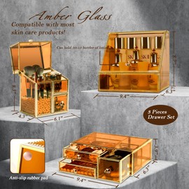 Youdepot Tempered Glass Makeup Organizer - Multi-Functional 3-in-1 Cosmetic Organizer for Skincare, Lipstick, Brushes - Vanity Organizer & Bathroom Organizer and Skincare Organizer (Amber)