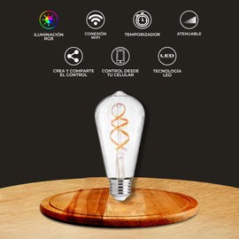 Tecnolite Connect Foco Vintage LED Inteligente ST64 WiFi 4.5W - Luz RGB + Cálida, Atenuable, Bombilla Edison Compatible con Alexa, Google Assistant, Atajos de Siri y App móvil