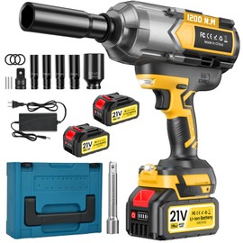 Cordless Impact Wrench 1200 N.m (900Ft-lbs), 1/2 inch Brushless Impact Gun with 2 x 4,0 AH Battery, 5 Sockets & Storage Case, 1 Converter 3/4", 1 Extension, 3 Rubber Rings, for Car/Truck/Home