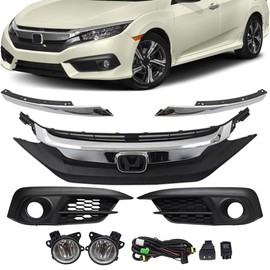 QPCRAP Front Bumper Hood Grille & Fog Lights Lamps Set with Wiring and Harness Fit for Honda Civic 2016 2017 2018 (7Pcs)