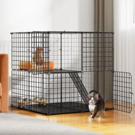 TAUS 2-Tier Cat Cage with Litter Box, DIY Large Cat Enclosures Indoor Kennel