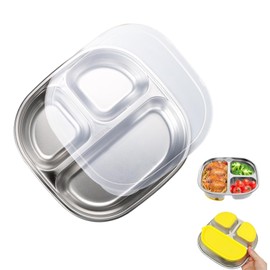 DOTOTO Stainless Steel Kids Plates, Divided Kids Dinnerware with Dust Cover and Suction Cup, Portion Control Platter with 3-Compartment, for Camping, Lunch and Dinner (3)