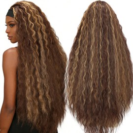 38 Inch Long Wavy Headband Wigs for Black Women Highlight Brown Wig