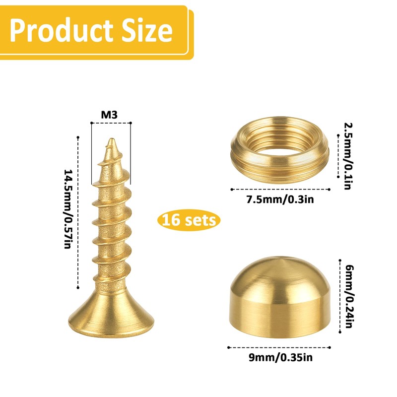 Brass Screws, Decorative Screws with Caps, 16 Pcs Self Tapping