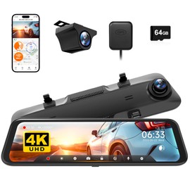 WOLFBOX G850 12" 4K Rear View Mirror Camera with 5.8GHz WiFi and Voice Control, Smart Mirror Dash Cam Front and Rear, Backup Camera with 1080P Rear Camera, Dash Cam with WDR, Includes 64GB Card & GPS