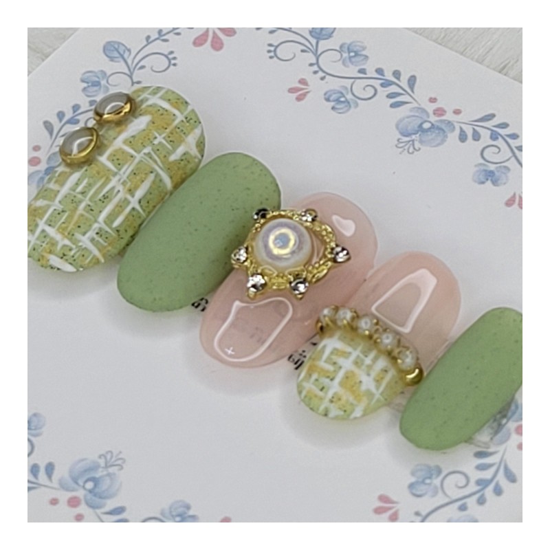 Moss Green Tweed Handmade Nail Tips - Stiletto L /