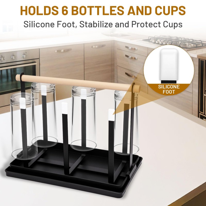 BBWELL 6 Bottle Holder, Sturdy Bottle Drip Stand with Wooden