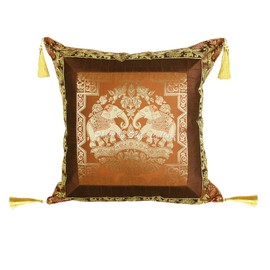 Stylo Culture Ethnic Decorative Throw Pillow Cushion Covers Coffee Brown 18 Inch Gold Jacquard Weave Tassels 45x45 cm Brocade Bohemian Elephant Floral Zippered Bed Cushion Covers | Set Of 2