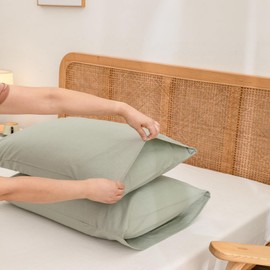 BESTOUCH 100% Washed Cotton Pillowcase for Hair and Skin Linen Feel Soft Comfortable Breathable 2 Set Pillow Case with Envelope Closure Solid Sage Green Queen 20x30 Inches