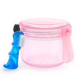No-Leak Denture Bath Case Mouth Guard Storage Box Case with Travel Brush for Cleaning and Soaking Full Dentures, Retainer and Night Guard - Transparent Pink