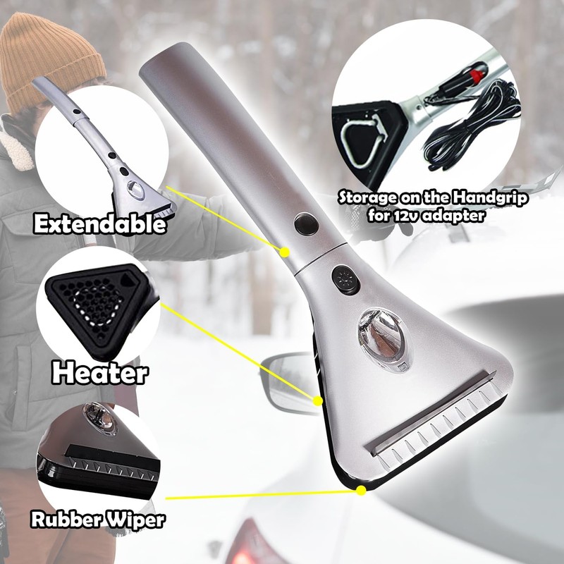 ZONETECH Heated Car Window Ice Scraper with LED Light–Extendable Auto