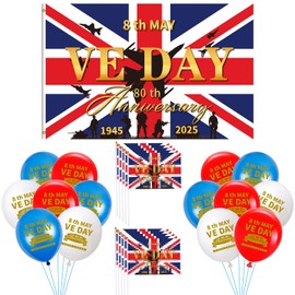 VE Day 80th Anniversary Decorations, Include VE Day 80th Anniversary Flag 5x3FT, 10 PCS Handheld Flags, 15 PCS Balloons