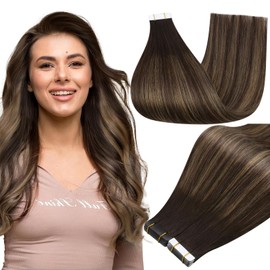 Full Shine Balayage Tape in Hair Extensions Color 2 Dark Brown Ombre 8 Ash Brown And 2 Brown 18Inch Tape in Extensions Human Hair 100G 40Pcs Long Straight Extension for Wedding