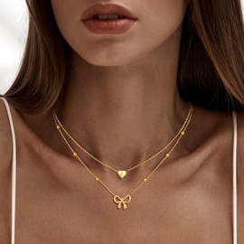 Initial Layered Necklaces for Women, 14K Gold Plated Bow Necklace Tiny Heart Letter Stacked Pendant Choker Charm Necklace Christmas Birthday Gifts Gold Plated Jewelry Gifts for Women-F