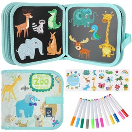 Erasable Book Doodle Set for Kids,Magic Drawing Book for Kids,Reusable Drawing Book 12 Watercolor Pens 14 Page Drawing,Road Trip Car Game Writing Painting Set for Boys and Girls(Blue Zoo)