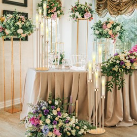 Tandefio 4 Sets Acrylic Candelabra Centerpieces 42.5" Tall Clear Candle Holders Pillar Taper Candlestick with Lampshades 5 Arm Floor Candelabra Stand for Wedding Christmas Ceremony Dinner Party