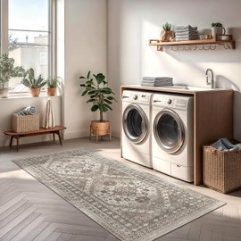 Restydon 2x5 Rug Runner Washable for Entryway, Soft Bathroom Rugs with Non-Slop Backing,Vintage Low Pile Stair Runner, Small Kitchen Carpet for Hallways, Laundry Room(Brown,2'x5')