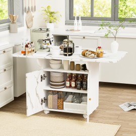 Mcltopz 47.24" Kitchen Island with Storage Rack and Cabinet, White Marble Color Kitchen Table with 6 Wheels, Modern Removable Kitchen Folding Dining Table Coffee Bar Table