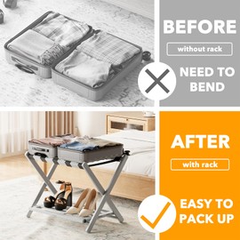 SpaceAid Fully Assembled Luggage Rack 1 Pack, Bamboo Foldable Suitcase Stand for Guest Room, Heavy Duty Folding Luggage Holder with Storage Shelf for Bedroom and Hotel, Gray