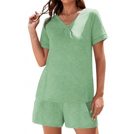 Ekouaer Two Piece Lounge Sets for Women 2025 Summer Short Sets V Neck Pajamas Vacation Outfits Tracksuit,Light Green,M
