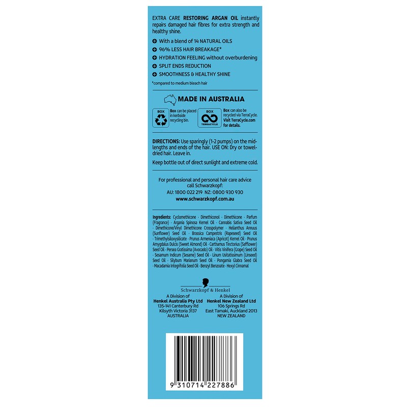 Schwarzkopf Extra Care Restoring Argan Oil,Strengthening Hair Oil Treatment, Contains
