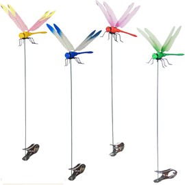Fake Dragonfly Rod Clip, Garden Metal Dragonfly Clip, 3D Dragonfly Garden Stakes Decor,Fly Deterrent,Dragonfly Humming Bird Stakes, Simulated Patio Decor for Indoor Outdoor (Mixed-4pcs)