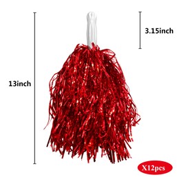 12PCS Red Cheerleading Pom Poms Metallic Foil Cheer Pom Poms with Baton Handle for Game Sports Squads Dancing Party Football Basketball Club Spirit Sports
