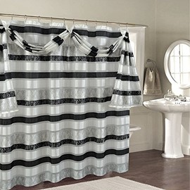 BH Home & Linen Decorative Sheer Scarf Shower Curtain with Floral & Striped Designs 70" x 72 Inch Made of 100% Polyester. (Venezia Gray/Black)
