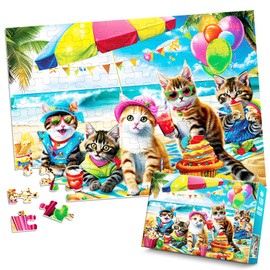 Puzzles for Kids Ages 4-8 6-8 8-10 Year Old and Seniors - Funny Cats Puzzle Beach Kitten Jigsaw Puzzles, 100 Piece Puzzle for Toddler Children Learning Educational Puzzles Toys for Boys and Girls