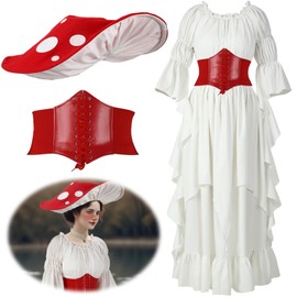 Cutecrop Renaissance Mushroom Medieval Costume with Hat and Cinch Belt Women Victorian Fairy Retro Dress Cosplay (Large/X-Large)