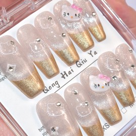 LIFOOST Handmade French Press On Nails Long Coffin Magic Mirror Cat Eye with 3D Cartoon Cat Design 10Pcs, Size Medium