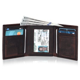 Tri fold Leather Wallet for Men with RFID | Slim Wallets for Men with 1 ID and 6 Credit card slots | Front Pocket Minimalist (Hunter Brown)